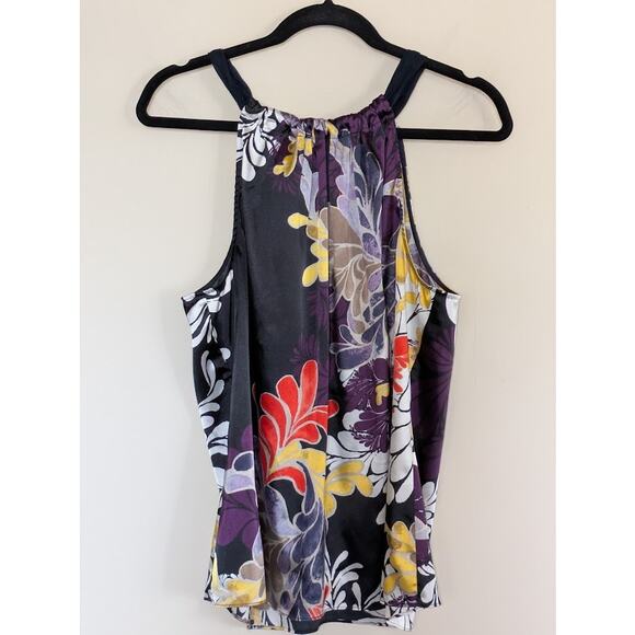 Tahari Women's Sz Large Vibrant Floral Satin Chiffon Tie Keyhole Back Halter Top - Picture 1 of 6